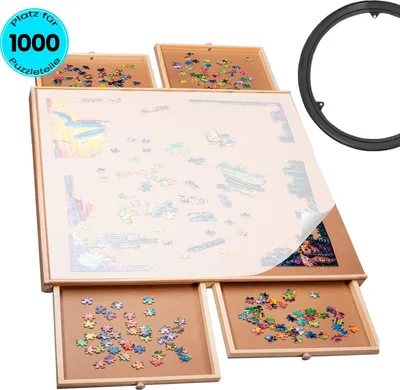 Produktbild von PiecePro Puzzlebrett mit 4 Schubladen & Schutzabdeckung, Drehscheibe – für 1000 Teile – Puzzeltisch mit Aufbewahrung – 76 x 57 cm