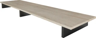 A long, narrow shelf with a wood grain finish and black supports, isolated on a white background.