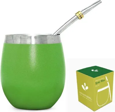 Obrázok produktu pre Mok (Kalebas) - čajová súprava Mate - Dvojstenná súprava z nehrdzavejúcej ocele Yerba Mate Mok s Bombilla Mate - čajová súprava Mate - 237 ml, zelená