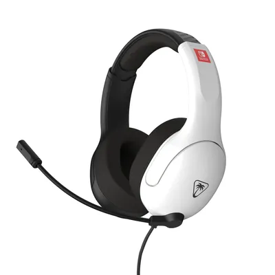 A white and black gaming headset with a microphone.