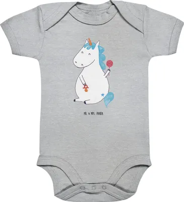 Produktbild von Mr. & Mrs. Panda Strampler Baby Einhorn Baby 1. - 3. Monat - Heather Grey - Geschenk, babykleidung body, Mutter, Kurzarmbody, Schnuller, Babybody, Babystrampler, Unicorn