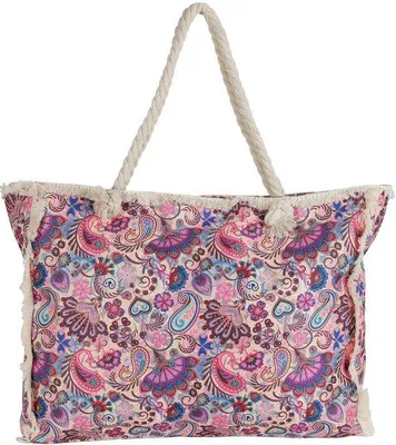 Produktbild von XXL Strandtasche mit Blättern - Schultertasche für Damen - Große Shopper mit Fransen - 50 x 40 x 10 cm - Rosa/beige