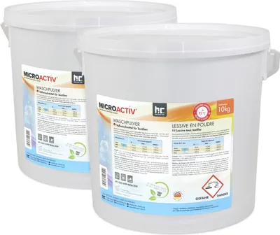 Two white plastic buckets of laundry detergent.
