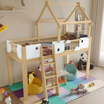 Immagine prodotto di Letto a soppalco 90x200 cm, bianco e naturale, realizzato in pino, MDF e compensato, con design a tetto e protezioni laterali per la sicurezza dei bambini, ideale per la cameretta
