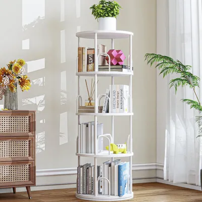 Immagine prodotto di Libreria girevole per bambini, 4 ripiani, legno bianco, design rotondo, stile Montessori, 129 cm