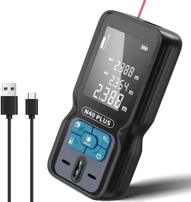 Immagine prodotto di Misuratore laser, 70 metri, con livella, ricaricabile tramite USB, per la misurazione di distanze, superfici e volumi.