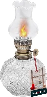 Immagine prodotto di Lampada a petrolio, vetro, 19 cm. Piccola lampada da campeggio a petrolio con accessori in metallo. Lanterna vintage, accessori per balcone