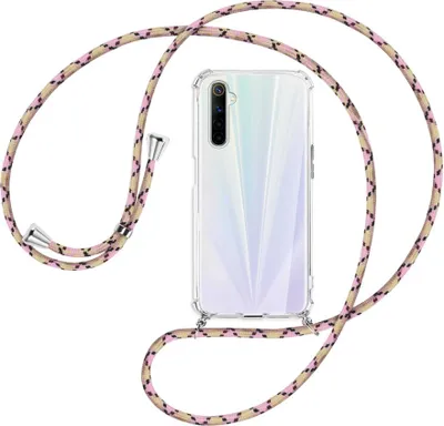 Produktbild von Handykette Backcover-Schutzhülle mit Band (Metall silberfarben) für Realme 6 / 6S - rosa Karo