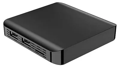 A black TV box with USB ports on the side, shown at an angle on a white background.