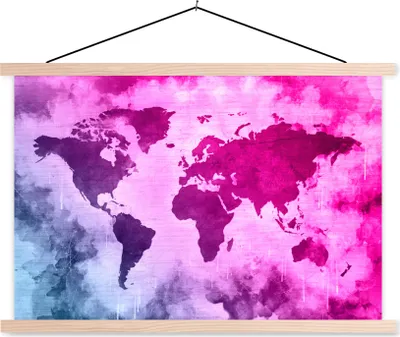 Produktbild von MuchoWow® Textilposter Weltkarte - Blau - Rosa 60x40 cm mit holzfarbenen Rahmen - Bilder