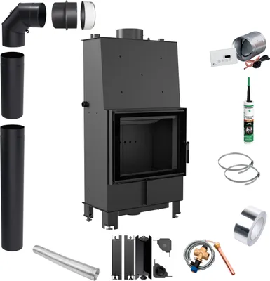 A collection of fireplace insert components and accessories laid out on a white background.