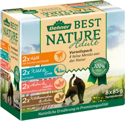 Produktbild von Dehner Best Nature Katzenfutter Multipack, Nassfutter, für ausgewachsene Katzen, je 2x Kalb / Wild / Huhn / Kaninchen 8 x 85 g Beutel (680 g)
