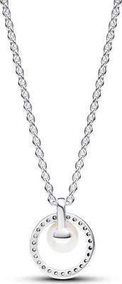 A silver necklace with a pearl pendant.