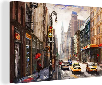 Produktbild von OneMillionCanvasses® - Leinwandbilder - 150x100 cm, Gemälde - Stadt - Auto - Öl, Wandbilder Kunstdruck Wanddekoration - Foto auf Leinwand - Gemälde auf Holzrahmen