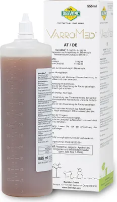 Produktbild von VarroMed®  Dispersion zur Varroa Behandlung in Bienenvölkern mit und ohne Brut. Wirkstoffe je ml : 5 mg Ameisensäure, 44 mg Oxalsäure-Dihydrat