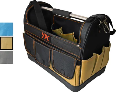 Produktbild von YPC Pioneer Werkzeugkorb XXL – Profi tragbare Werkzeugtasche mit stabilem Boden, Wasserdicht, Reißfest, Faltbar, Schultergurt mit Polster & Metall-Handgriff, Sand-Schwarz, 45x35x23cm – 20 kg Tragkraft