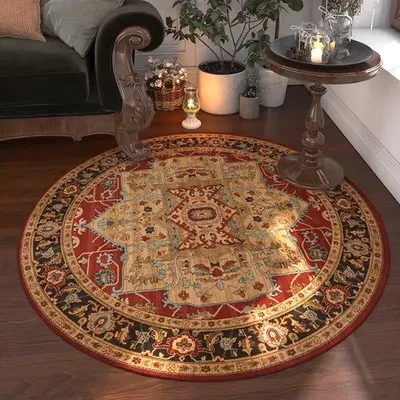 Productafbeelding van Unyqoos® Rund vloerkleed in bohemienstijl, 120 cm – Oosters patroon, kristalvelours, laagpolig en met antisliponderkant, ideaal voor de woonkamer