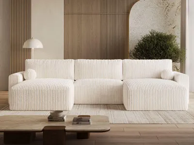 Produktbild von GrainGold Ecksofa U-Form Aurora - Ecksofa mit Schlaffunktion, Bettkasten - Moderne Ecksofa, Wohnzimmer Sofa - Eckcouch mit Cord -Stoff - Creme (Tilia 01)