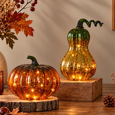 Produktbild von LED Glas Kürbisse Set - Herbstdeko mit Timerfunktion Ø 13 & Ø 15 cm
