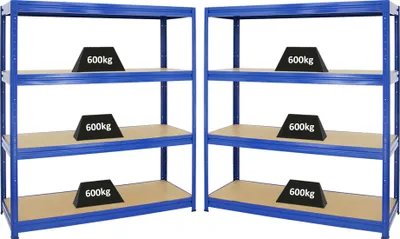 Produktbild von Mega Deal | 2x Schwerlastregal DINO | HxBxT 180x160x60cm | 4 MDF-Platten-Ebenen 6,5 mm | Fachlast 600kg | Blau