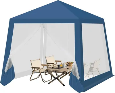 A blue gazebo with mesh sides, set up with a table and chairs inside.