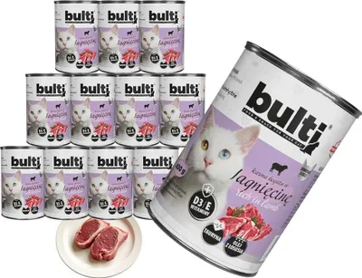Produktbild von Bulti | Feuchtigkeitsspendendes Futter für Katzen - 12x400g - 65% Fleisch - 15% Lamm - Katzenbeleuchtung