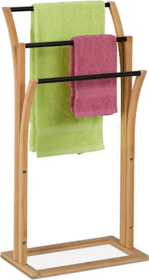 Produktbild von Relaxdays Handtuchhalter, Bambus, 3 versetzte Stangen, H x B x T: 82 x 42 x 24 cm, Handtuchständer Bad, natur/schwarz