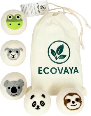 Produktbild von Trockenbälle Set 5-teilig, Handgefilzte Tiermotive, 100% Wolle, wiederverwendbar, für die Wäsche