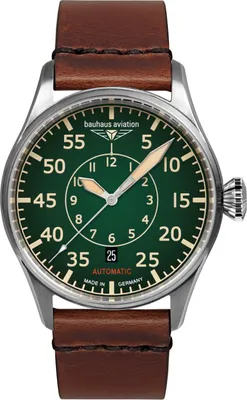 A close-up studio shot of a Bauhaus Aviation men's automatic watch with a green dial and brown leather strap.