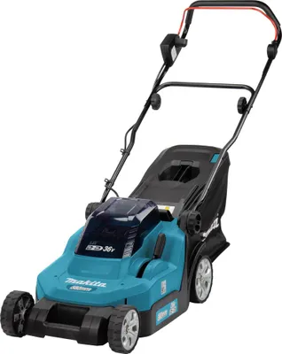 A cordless lawnmower shown from a three-quarter front angle against a white background.