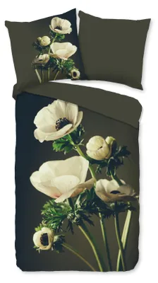 Productafbeelding van Good Morning Dekbedovertrek "witte bloemen" - Groen - (135x200 cm) - Katoen