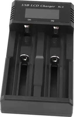 Imagen del producto de Cargador de batería de doble bahía con pantalla LCD, cargador inteligente con puerto USB para baterías de litio de 3.7V, baterías NiMH y NiCd de 1.2V