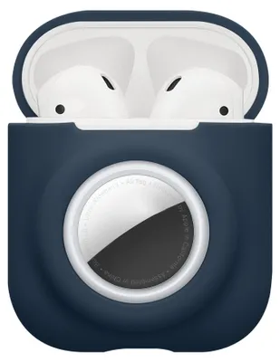 Image de kwmobile Étui 2-en-1 de protection pour Apple AirPods 1 & 2 – Coque en silicone compatible avec AirTag – Étui résistant aux chocs avec mousqueton – Bleu foncé