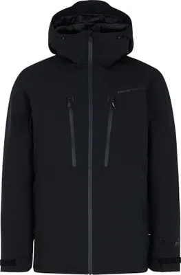 A black ski jacket is shown front-on against a white background.