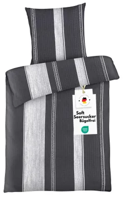Produktbild von Seersucker Bettwäsche 135x200 cm aus 100% Polyester - Streifen Silber Schwarz