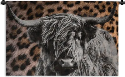 Produktbild von MuchoWow® Wandteppich Wandbehang Schottisches Hochlandrind - Pantherdruck - Tiere 90x60 cm Tapisserie Dekoration Wandtuch - Wandskulpturen - Bildteppich
