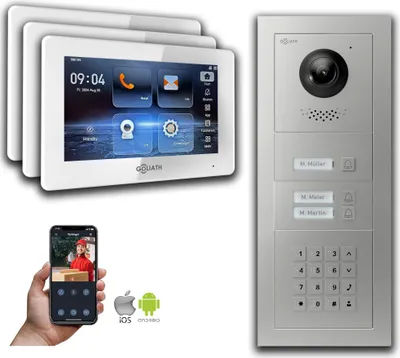 Image de Interphone vidéo Goliath 2 fils BUS : maison de 3 familles, code numérique, argent : 7 pouces en blanc : Boîte d'encastrement Sélection du moniteur : 7 pouces en blanc Boîte de montage de la sonnette : Boîte d'encastrement