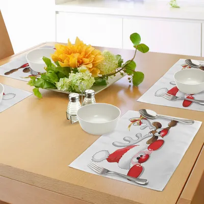 Obrázok produktu pre ABAKUHAUS Vianočné podložky, Veselé Vianoce Santa Claus a Ren, karikatúrny štýl, zábavné pohľady, Tiscjdeco z farebnej látky do jedálne a kuchyne, cinabaritová karamelová biela