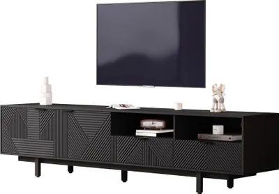 Obrázok produktu pre Nízka skrinka na TV s 2 dvierkami a 2 zásuvkami, 2 priehradkami a kovovými nožičkami, 200 x 40 x 51 cm, čierna