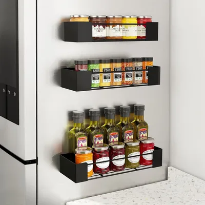 Produktbild von Wandhängendes Kräuterregal - Kräuterbehälter Wandregal - Organizer Küchenaccessoires - Magnetisch hängendes Kräuterregal - Küchenregal - Schwarz - Geeignet für fast alle Kräuterbehälter