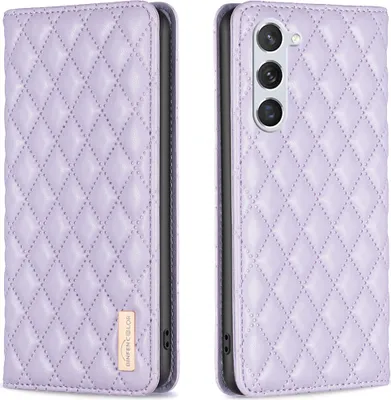 A purple quilted phone case for a Samsung Galaxy S23 is shown from two angles: closed and open.