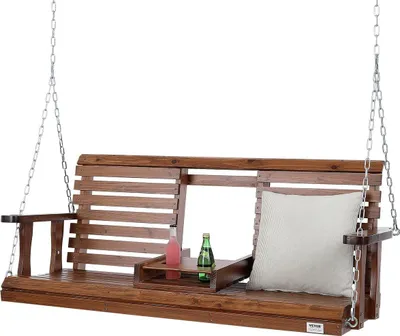Obrázek produktu pro Dřevěná houpačka na verandu 5 ft, zahradní houpačka na terasu a do zahrady, vylepšená nosnost 880 liber, odolná houpačka s řetězy pro venkovní použití, hnědá