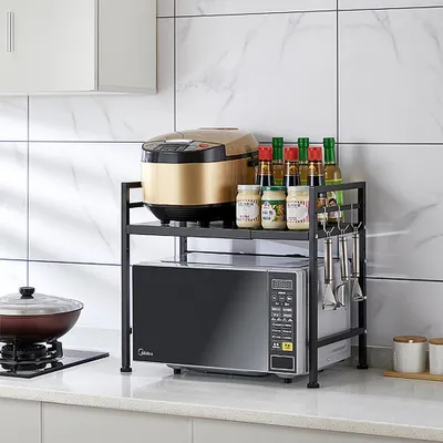 Image de Support pour micro-ondes Étagère à épices extensible Étagère pour micro-ondes Étagère de cuisine avec 3 crochets Noir