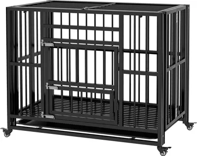 Obrázek produktu pro Dog Cage Přepravka Pro Psa S Dvojitými Dvířky Psí Bouda Kolečka Bouda Pro Psa Ocel Černá 94 X 58 X 78 Cm