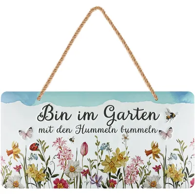 Produktbild von LANOLU Gartenschild Metall bin im Garten mit den Hummeln bummeln, Retro Blechschild mit Jutelkordel, 16x32 cm