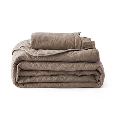 Produktbild von （220x240cm，Kaffee）Tagesdecke Prägung Gesteppt Steppdecke Gewaschene Baumwolle Bettüberwurf mit 2 Kissenbezüge Beständig gegen Falten Einlaufen Ausbleichen und Pilling für Wohnzimmer Schlafzimmer