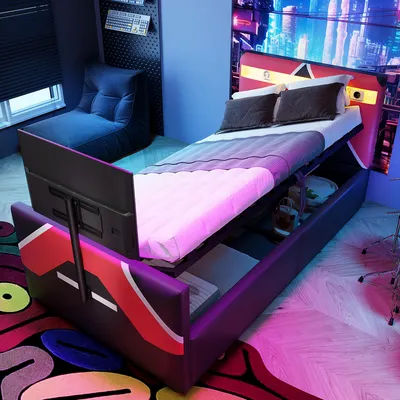 Image de OKWISH Lit Coffre 90x200 cm - Lit Enfant avec Éclairage LED et Rangement Hydraulique, sans Matelas - RevêtementPolyuréthaneNoir Rouge