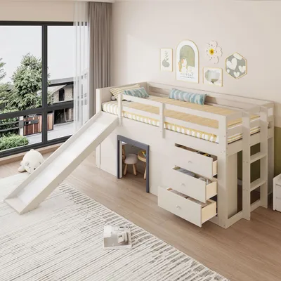 Immagine prodotto di okwish Letto a castello 90x200 Letto per ragazzi con tre cassetti e due ante, Letto in legno con scivolo e struttura in legno massello, con materasso, Crema