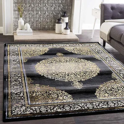 Produktbild von Teppich kurzflor Moderner Orientteppich Elegant Orientalisch Glanz Grau Gold Schwarz, für Wohnzimmer, Schlafzimmer, Maße:80x150 cm