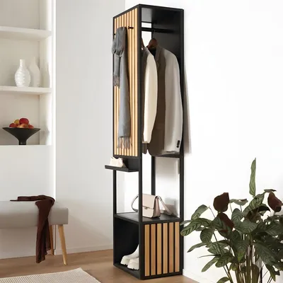 Produktbild von Garderobe "Modern" aus Metall schwarz & Bambus, 44x34x186 cm, Flurgarderobe schmal mit Kleiderstange, Ablage, 6 Haken